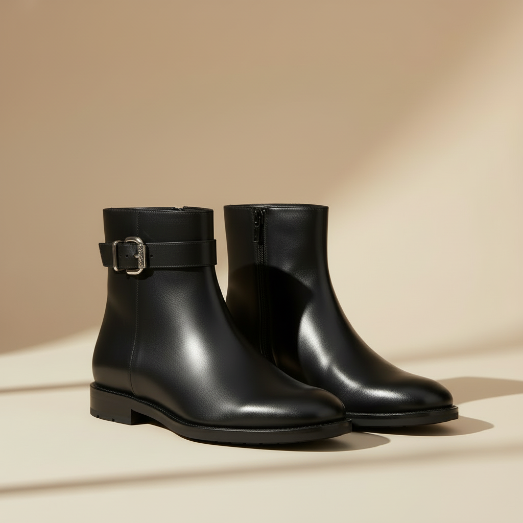 შავი ankle boot — beige ფონი, silver დეტალი