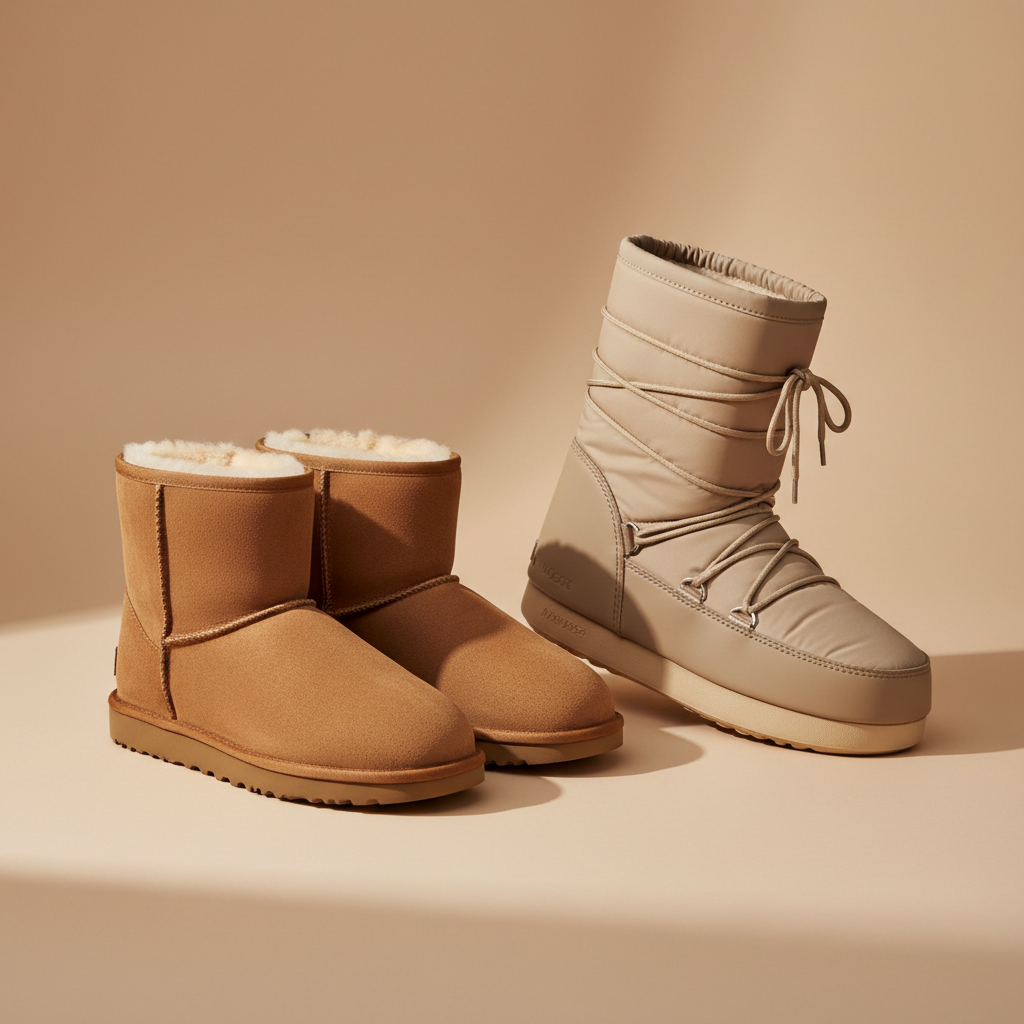 Tan UGG and Beige Moonboots